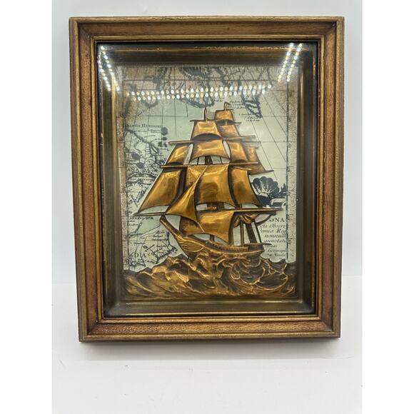 50s Mid Century Vtg Gold Clipper Ship Pirate Sailing Wall Hanging Framed 3D - Picture 1 of 11